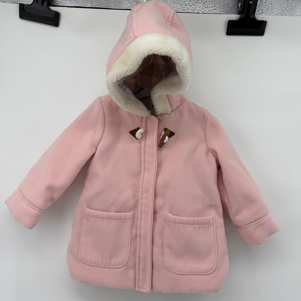 Baby Bgosh Pink Fleece Hooded Duffle Coat Faux Fur Trim Toggle Jacket 12M
